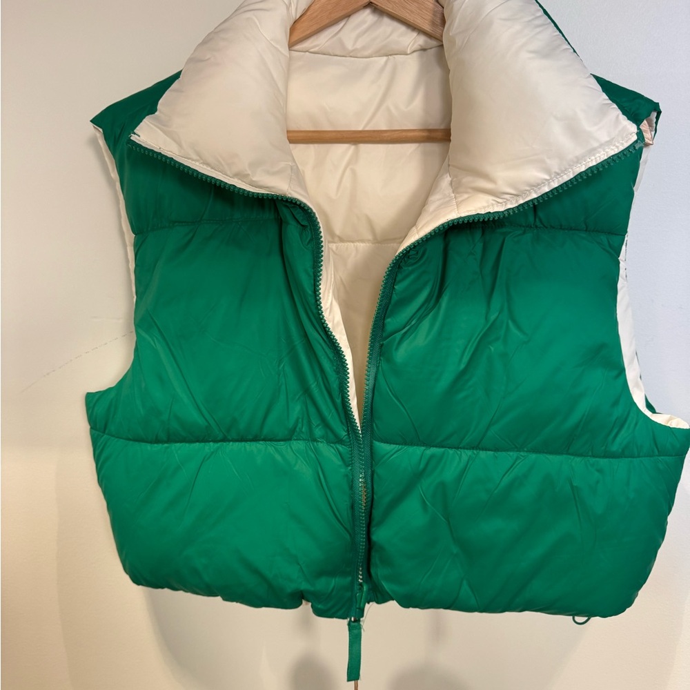 Cropped Green and White Women's Puffer Vest NWT